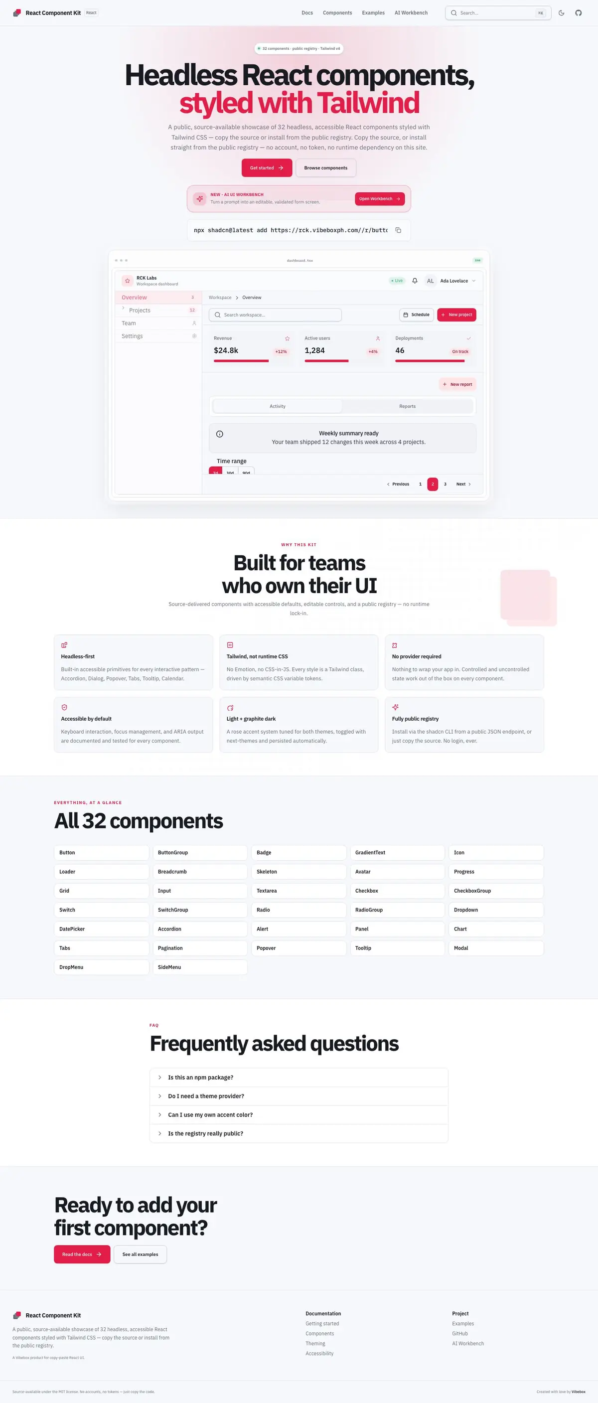 React Component Kit website, full page